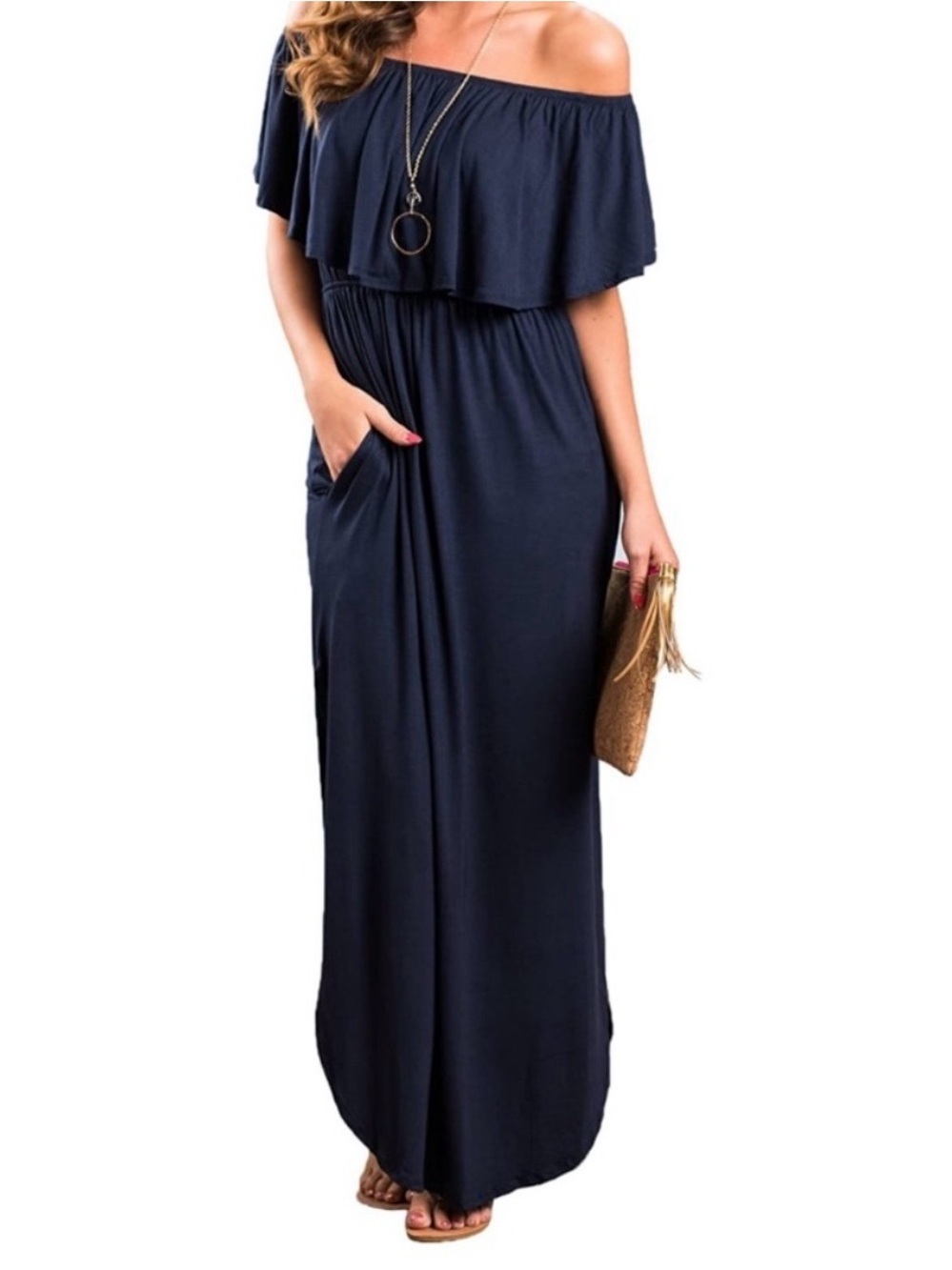 💙Off-The-Shoulder Dark Blue Maxi Dress | Thanth | Small | Cotton Blend Dress